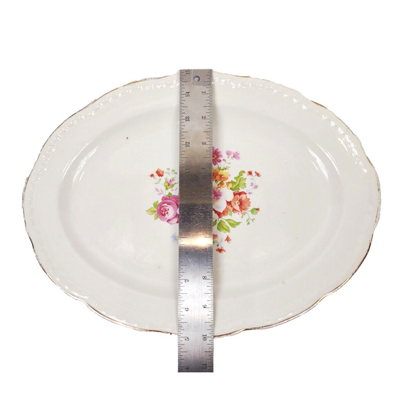VTG Crooksville Oval Serving Plate Platter Embossed Gold Trim Floral Rose 13.5” - Picture 5 of 8